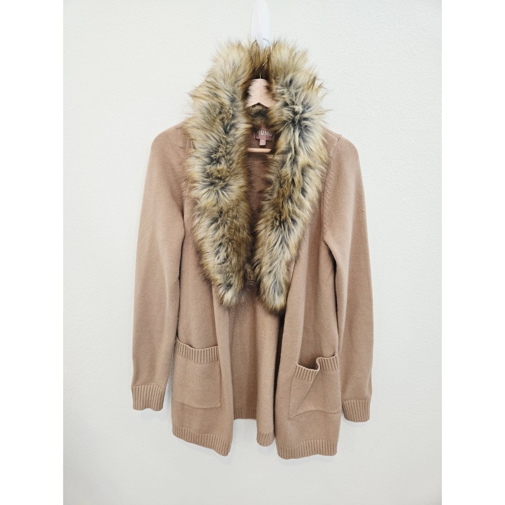 Show Me Your MuMu Camel Cabin Cardigan Faux Fur Trim Belt Sz XS